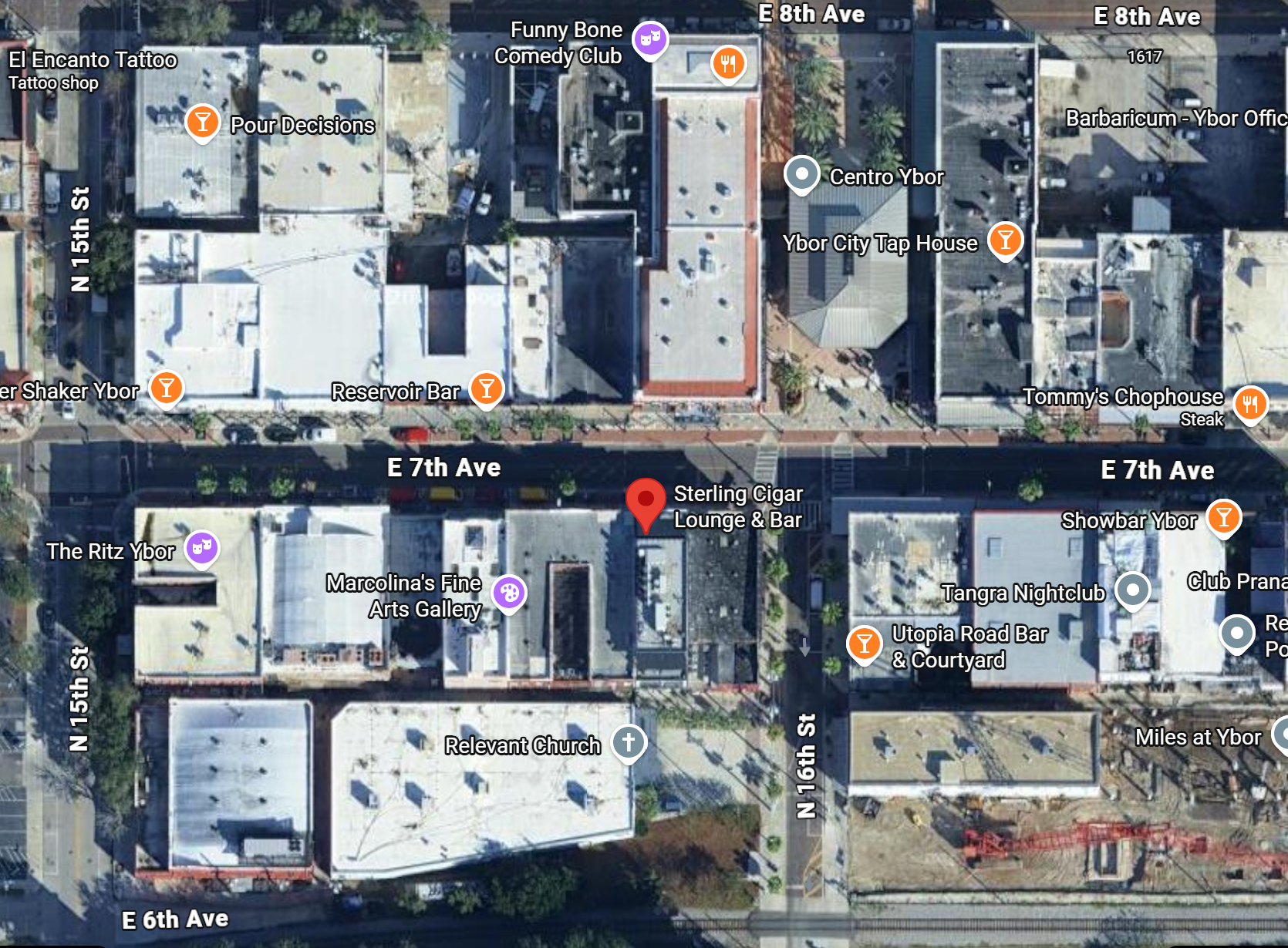 Aerial Google Maps view of Sterling Cigar Lounge and Bar on E 7th Ave, Ybor City