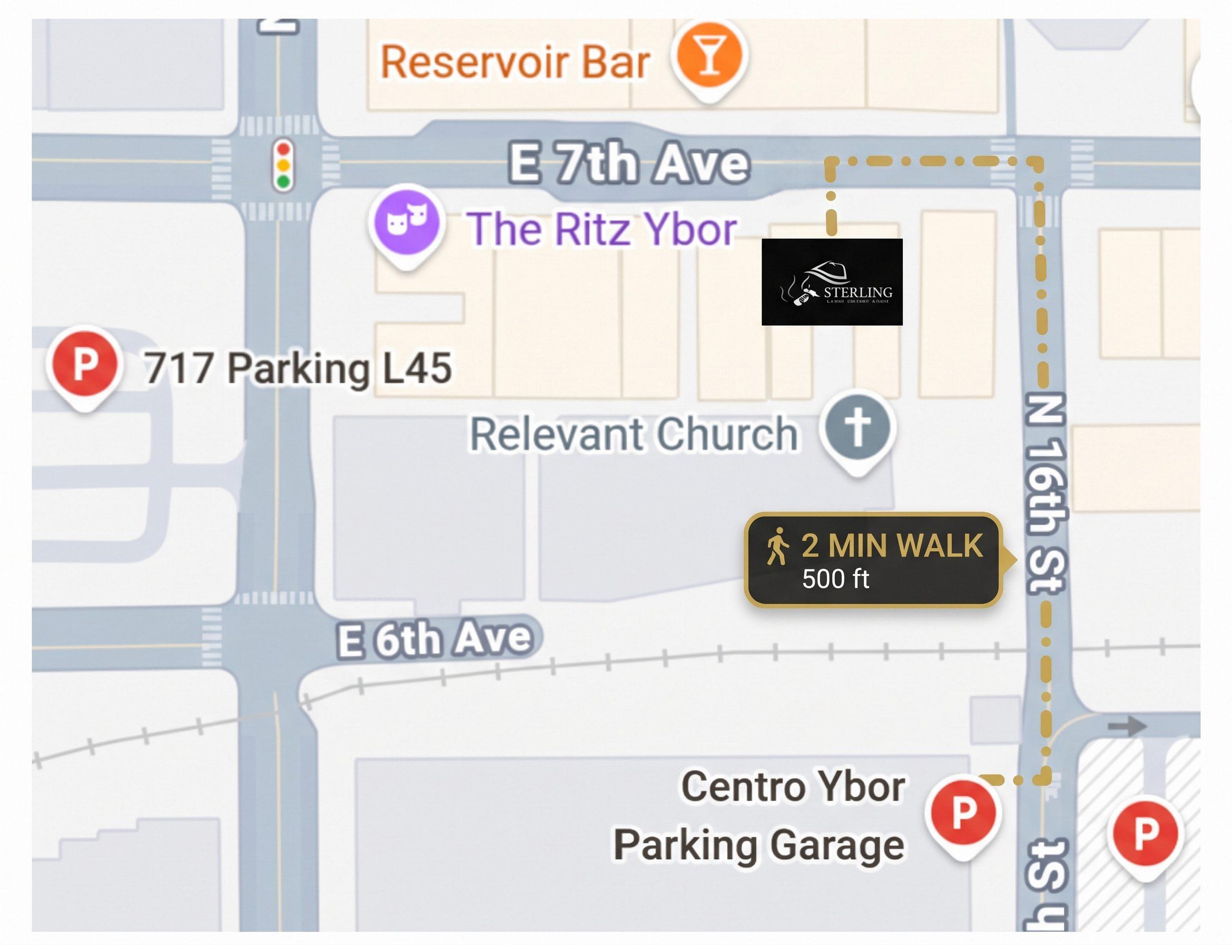 Centro Ybor Parking Garage Walking Route Map to Sterling Suites Ybor at 1531 E 7th Ave